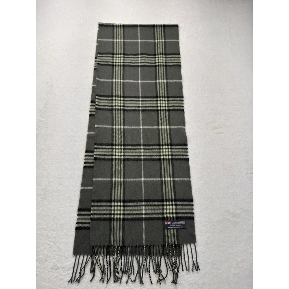 Scarf Mens One Size Gray Plaid 85% Cashmere Blend Fringe Made Scotland